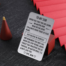 Load image into Gallery viewer, Engraved Wallet Inserts 2021 Graduation Inspirational Gift for Son Step son from Mom Mother Metal Mini Love Note Valentines Day Birthday Christmas Gifts for Son in Law Encouragement Gift