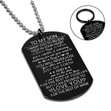 Load image into Gallery viewer, Chain to My Son Inspirational Tag Necklace with Keychain Son Gifts from Dad Mom Christmas Birthday I Love You Stocking Stuffers Graduation Father's Day Gifts for Adult Men Stepson Teen Boys Him