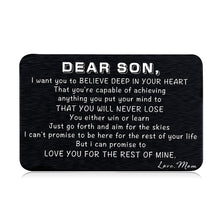 Load image into Gallery viewer, to Son from Mom Christmas Gifts Valentine Day Wallet Card Insert for Step Son from Mom Birthday Graduation Wedding Fathers Day for Adult Men Back to School 16 Teen Boys Him Inspirational Gift