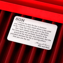 Load image into Gallery viewer, To My Son Gift from Dad Mom Wallet Card Insert Christmas I Love You Birthday for Stepson Valentine Day Inspirational Gift Graduation Wedding Fathers Day Back to School 16 Teen Adult Boys Him Men