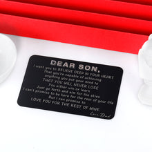 Load image into Gallery viewer, to Son from Dad Valentine Day Gifts Wallet Card Insert for Step Son from Father Birthday Graduation Wedding Fathers Day Christmas for Adult Son Men Back to School 16 Teen Boys Him Inspirational Gift