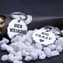 Load image into Gallery viewer, Couple Keychains Set Gif for Him and Her Anniversary Wedding Gifs for Girlfriend Boyfriend Husband Wife Best Friend Gifs His Crazy Her Weirdo Long Distance Relationship Valentine Key Ring Charm