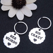 Load image into Gallery viewer, Couple Keychains Set Gif for Him and Her Anniversary Wedding Gifs for Girlfriend Boyfriend Husband Wife Best Friend Gifs His Crazy Her Weirdo Long Distance Relationship Valentine Key Ring Charm