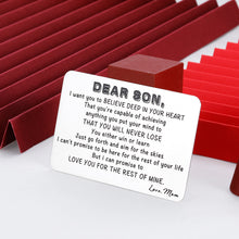 Load image into Gallery viewer, to Son from Mom Christmas Gifts Valentine Day Wallet Card Insert for Step Son from Mom Birthday Graduation Wedding Fathers Day for Adult Men Back to School 16 Teen Boys Him Inspirational Gift