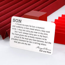 Load image into Gallery viewer, To My Son Gift from Dad Mom Wallet Card Insert Christmas I Love You Birthday for Stepson Valentine Day Inspirational Gift Graduation Wedding Fathers Day Back to School 16 Teen Adult Boys Him Men
