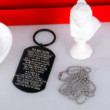 Load image into Gallery viewer, Chain to My Son Inspirational Tag Necklace with Keychain Son Gifts from Dad Mom Christmas Birthday I Love You Stocking Stuffers Graduation Father's Day Gifts for Adult Men Stepson Teen Boys Him