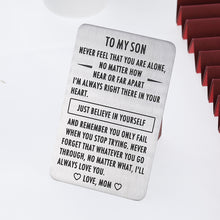 Load image into Gallery viewer, Engraved Wallet Inserts 2021 Graduation Inspirational Gift for Son Step son from Mom Mother Metal Mini Love Note Valentines Day Birthday Christmas Gifts for Son in Law Encouragement Gift
