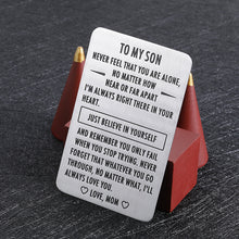 Load image into Gallery viewer, Engraved Wallet Inserts 2021 Graduation Inspirational Gift for Son Step son from Mom Mother Metal Mini Love Note Valentines Day Birthday Christmas Gifts for Son in Law Encouragement Gift
