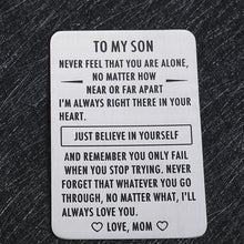 Load image into Gallery viewer, Engraved Wallet Inserts 2021 Graduation Inspirational Gift for Son Step son from Mom Mother Metal Mini Love Note Valentines Day Birthday Christmas Gifts for Son in Law Encouragement Gift
