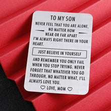 Load image into Gallery viewer, Engraved Wallet Inserts 2021 Graduation Inspirational Gift for Son Step son from Mom Mother Metal Mini Love Note Valentines Day Birthday Christmas Gifts for Son in Law Encouragement Gift
