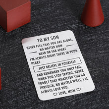 Load image into Gallery viewer, Engraved Wallet Inserts 2021 Graduation Inspirational Gift for Son Step son from Mom Mother Metal Mini Love Note Valentines Day Birthday Christmas Gifts for Son in Law Encouragement Gift
