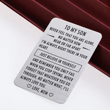 Load image into Gallery viewer, Engraved Wallet Inserts 2021 Graduation Inspirational Gift for Son Step son from Mom Mother Metal Mini Love Note Valentines Day Birthday Christmas Gifts for Son in Law Encouragement Gift
