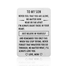 Load image into Gallery viewer, Engraved Wallet Inserts 2021 Graduation Inspirational Gift for Son Step son from Mom Mother Metal Mini Love Note Valentines Day Birthday Christmas Gifts for Son in Law Encouragement Gift
