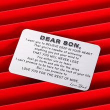 Load image into Gallery viewer, to Son from Dad Valentine Day Gifts Wallet Card Insert for Step Son from Father Birthday Graduation Wedding Fathers Day Christmas for Adult Son Men Back to School 16 Teen Boys Him Inspirational Gift
