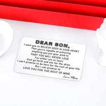 Load image into Gallery viewer, to Son from Mom Christmas Gifts Valentine Day Wallet Card Insert for Step Son from Mom Birthday Graduation Wedding Fathers Day for Adult Men Back to School 16 Teen Boys Him Inspirational Gift
