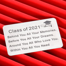 Load image into Gallery viewer, Graduation Gifts Engraved Wallet Insert Card for Class of 2021 College High School Junior Senior Students Nurse Lawyer Graduates Inspirational Metal Wallet Cards Graduation Keepsake Gift for Women Men
