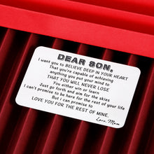 Load image into Gallery viewer, to Son from Mom Christmas Gifts Valentine Day Wallet Card Insert for Step Son from Mom Birthday Graduation Wedding Fathers Day for Adult Men Back to School 16 Teen Boys Him Inspirational Gift
