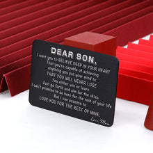 Load image into Gallery viewer, to Son from Mom Christmas Gifts Valentine Day Wallet Card Insert for Step Son from Mom Birthday Graduation Wedding Fathers Day for Adult Men Back to School 16 Teen Boys Him Inspirational Gift
