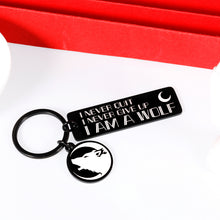 Load image into Gallery viewer, Inspirational Gifts Wolf Keychain for Him Men Women Employee Gifts for Teen Boys Son Girls Her Encouragement Gift for Friends Wolf Lover Daughter on Christmas Birthday I Am A Wolf I Never Give UP
