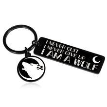Load image into Gallery viewer, Inspirational Gifts Wolf Keychain for Him Men Women Employee Gifts for Teen Boys Son Girls Her Encouragement Gift for Friends Wolf Lover Daughter on Christmas Birthday I Am A Wolf I Never Give UP
