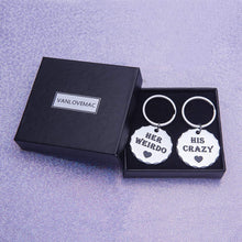 Load image into Gallery viewer, Couple Keychains Set Gif for Him and Her Anniversary Wedding Gifs for Girlfriend Boyfriend Husband Wife Best Friend Gifs His Crazy Her Weirdo Long Distance Relationship Valentine Key Ring Charm
